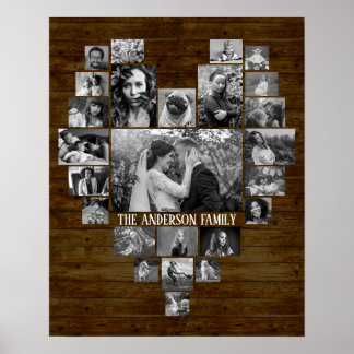 Family Photo Collage 25 B&W Heart Pics + Name Wood Poster