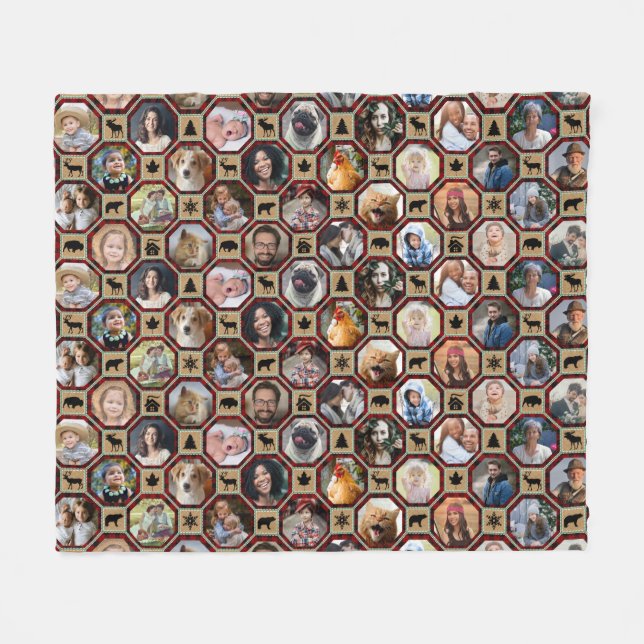 Family Photo Collage 28 Red Buffalo Plaid Quilt Fleece Blanket (Front (Horizontal))