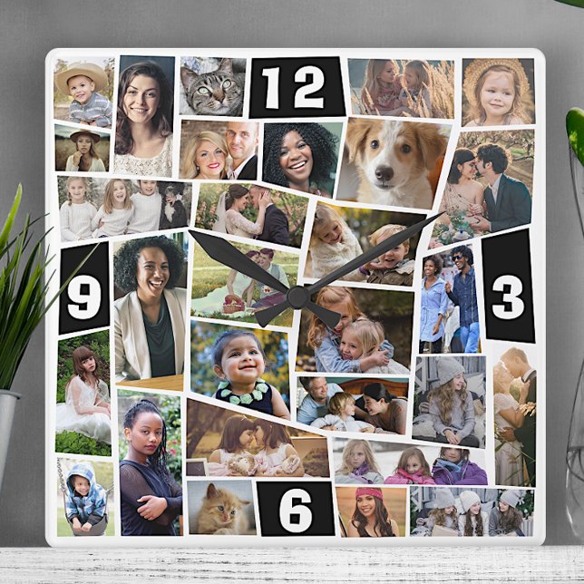 Family Photo Collage 29 Cut Out Pics Easy Template Square Wall Clock (Creator Uploaded)