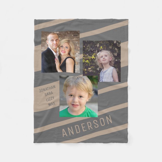 Family Photo Collage | 3 Photos Tan and Grey Fleece Blanket (Front)