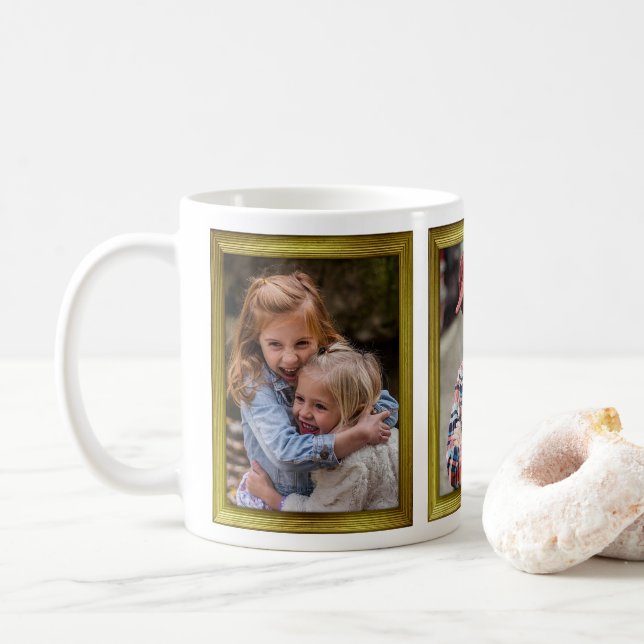 Family Photo Collage 3 Pictures Gold Frames Easy Coffee Mug (With Donut)