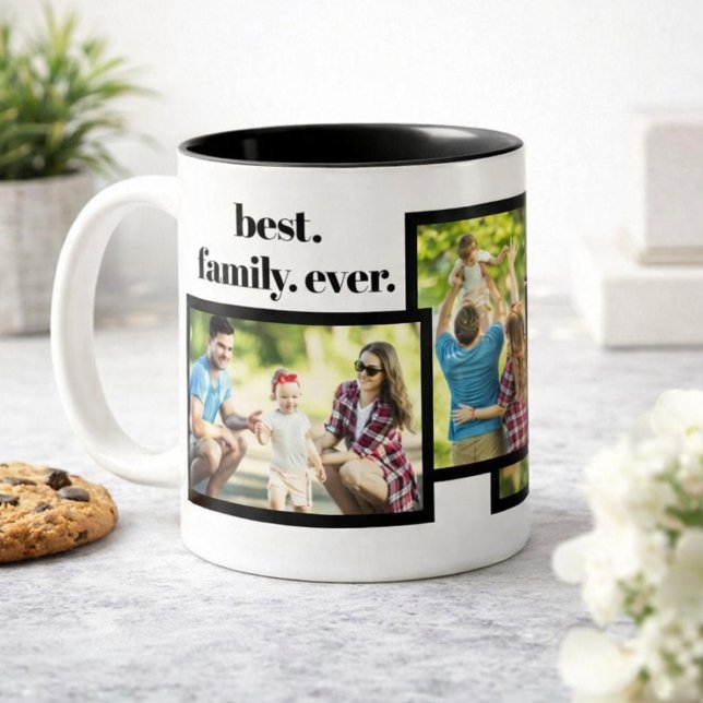 Family Photo Collage - 4 Photos and Custom Text Two-Tone Coffee Mug (Creator Uploaded)