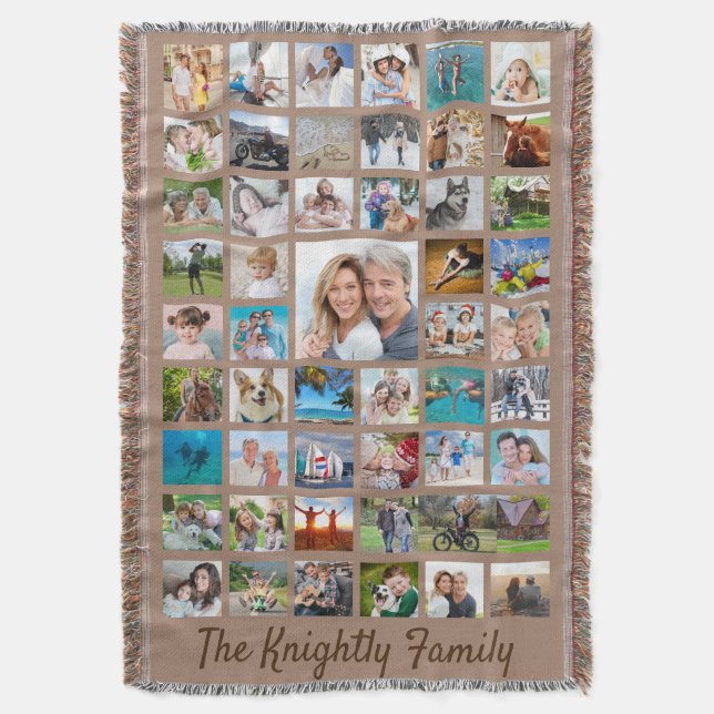 Family Photo Collage 51 Photos Custom Text Colour Throw Blanket (Front Vertical)