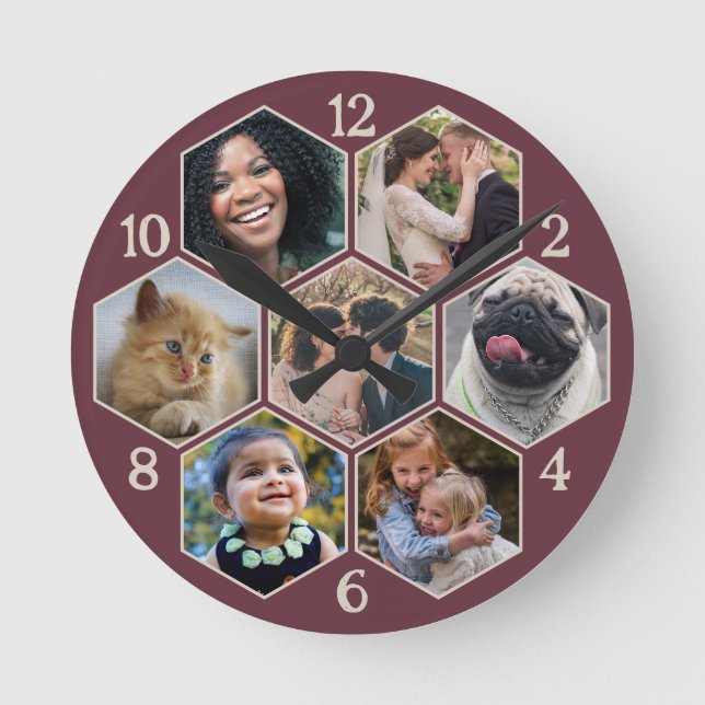 Family Photo Collage 7 Custom Burgundy Red Hexagon Round Clock (Front)