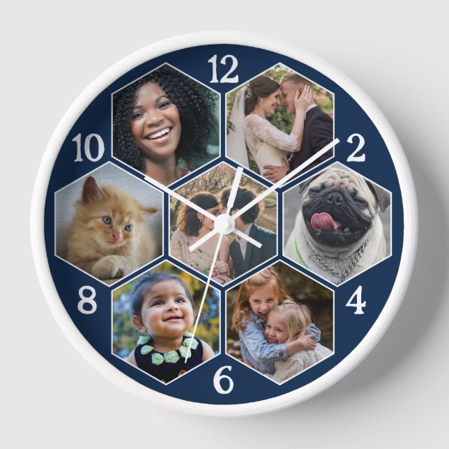 Family Photo Collage 7 Custom Navy Hexagon Flower Clock (Front)