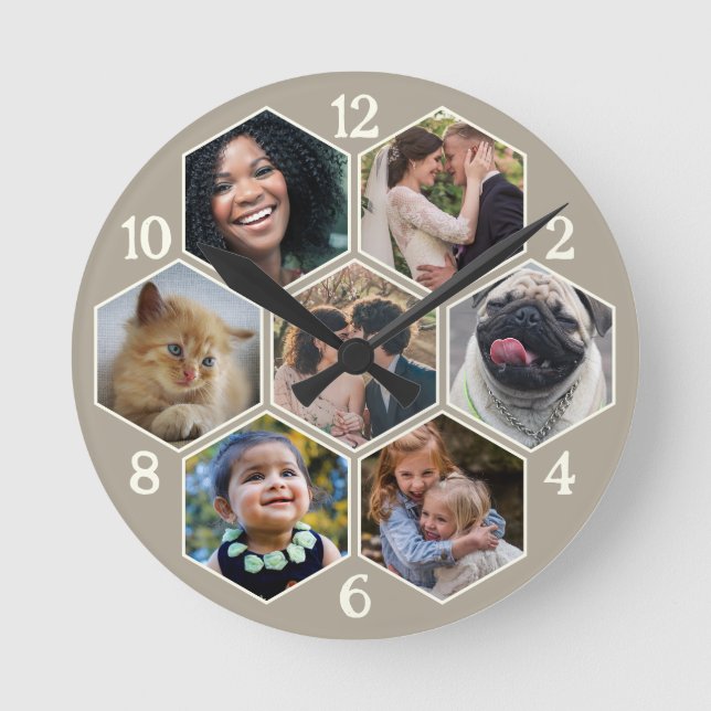 Family Photo Collage 7 Custom Taupe Hexagon Flower Round Clock (Front)