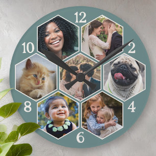 Family Photo Collage 7 Custom Teal Hexagon Flower Round Clock