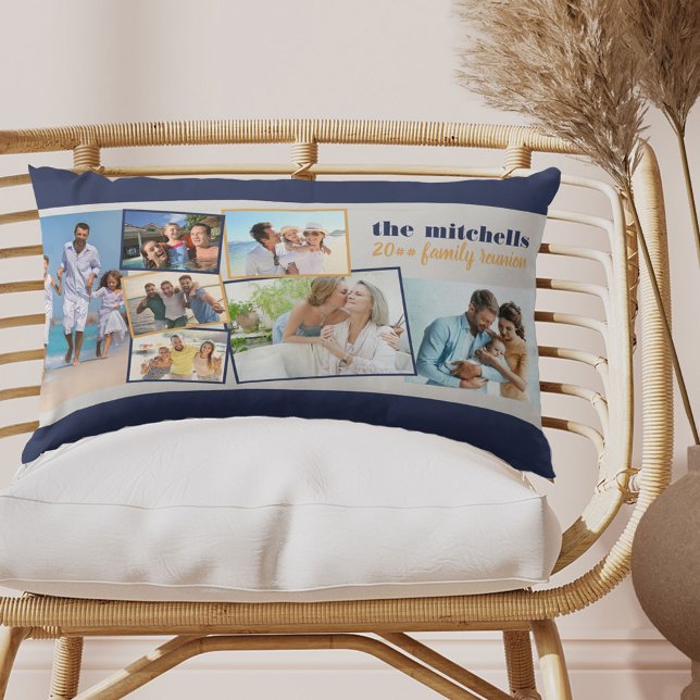 Family Photo Collage 7 Photos and Custom Text Blue Lumbar Cushion (Creator Uploaded)