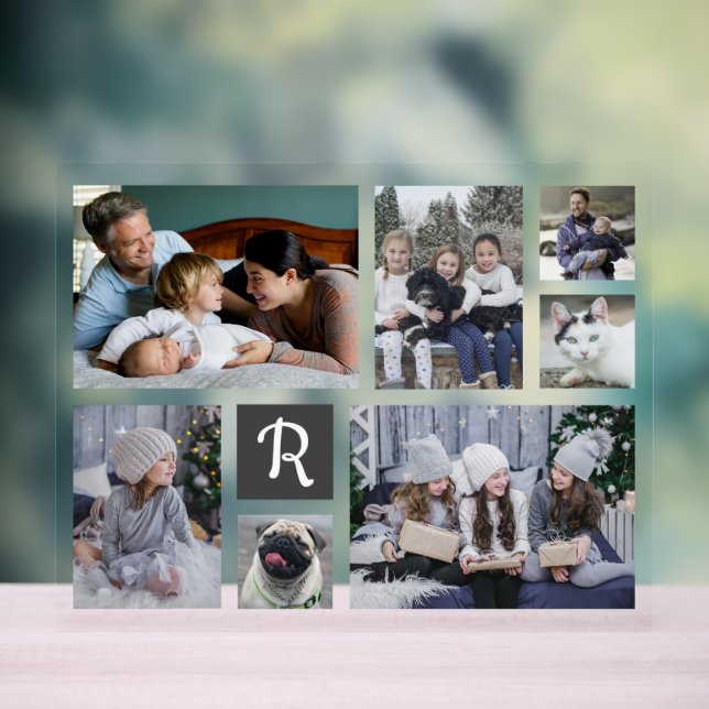 Family Photo Collage 7 Pics + Monogram White Easy Acrylic Sign (Neutral)