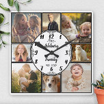 Family Photo Collage 8 Instagram Picture Oval Name Square Wall Clock<br><div class="desc">This elegant, modern family photo collage square clock is easy to personalize with 8 square photos and your name in the oval center. The design space is set up to include 4 large Instagram-style photos and 4 small ones. All text can be altered using the easy templates. Each photo will...</div>