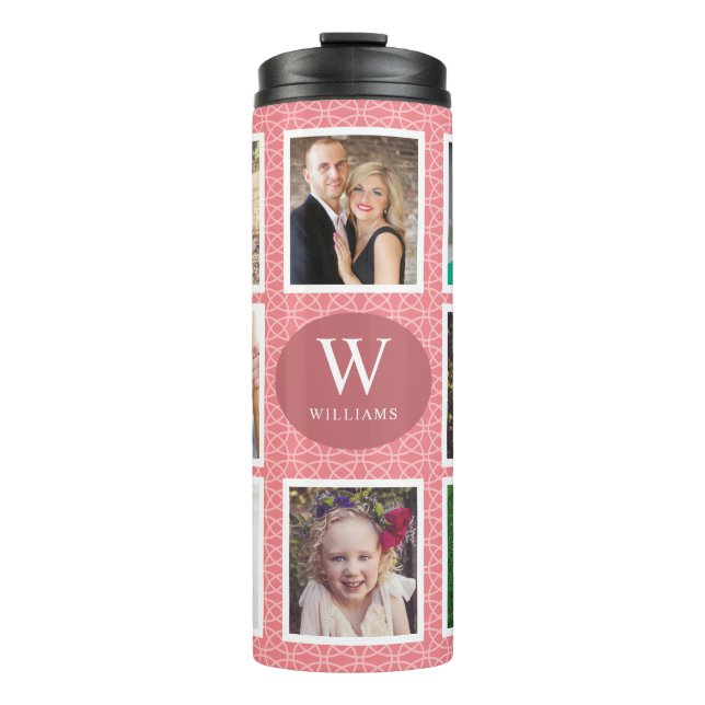 Family Photo Collage | 8 Photos Pink Pattern Thermal Tumbler (Front)
