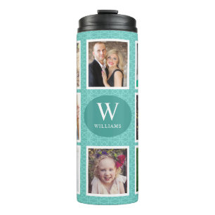 Family Photo Collage   8 Photos Teal Pattern Thermal Tumbler