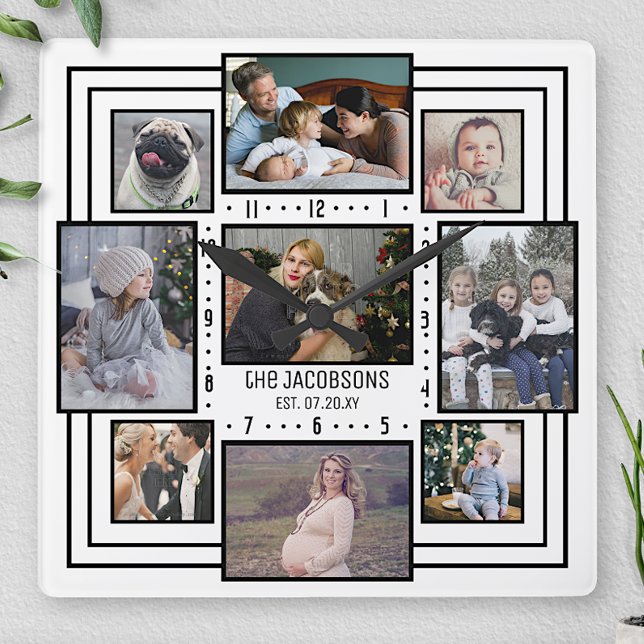 Family Photo Collage 9 Pics Name White Striped Mod Square Wall Clock (Creator Uploaded)