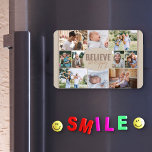 Family Photo Collage and Happy Quote Neutral Beige Magnet<br><div class="desc">Photo Collage magnet with 10 of your favourite photos. The wording in the centre reads "believe be happy" and is lettered in bold typography and casual, skinny font script. The photo template is set up for you to add 10 pictures, which are displayed in landscape, square and portrait pictures to...</div>