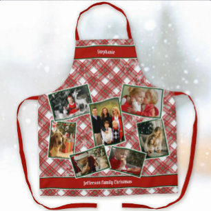 Family Photo Collage and Name Christmas Plaid Apro Apron