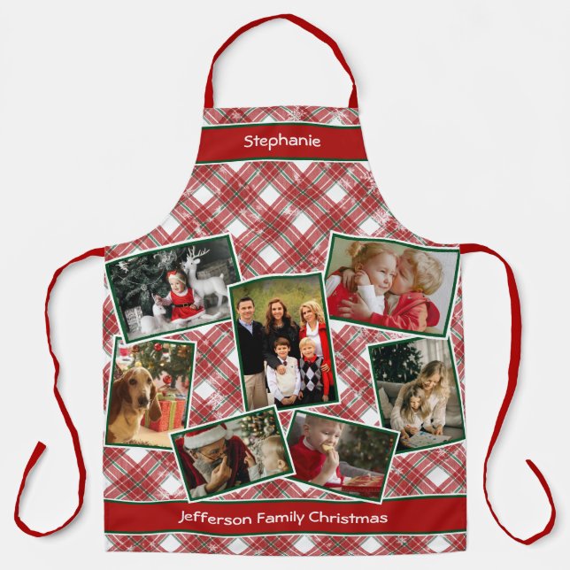 Family Photo Collage and Name Christmas Plaid Apro Apron (Front)