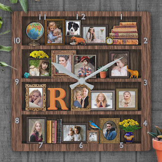 Family Photo Collage Antique Bookcase Personalised Square Wall Clock