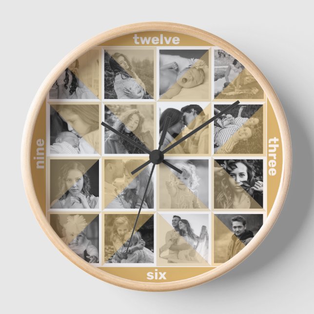 Family Photo Collage Artistic Sepia Mod Instagram Clock (Front)