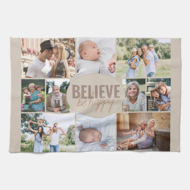 Family Photo Collage Believe Quote Neutral Beige Tea Towel (Horizontal)