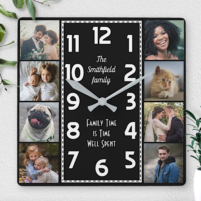 Family Photo Collage Black and White Art Deco Easy Square Wall Clock (Creator Uploaded)