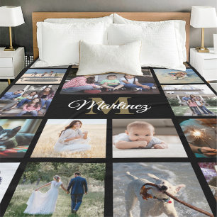 Family Photo Collage Black Gold White Monogrammed Fleece Blanket