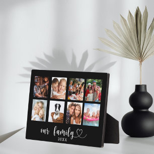 Family photo collage black love heart script plaque