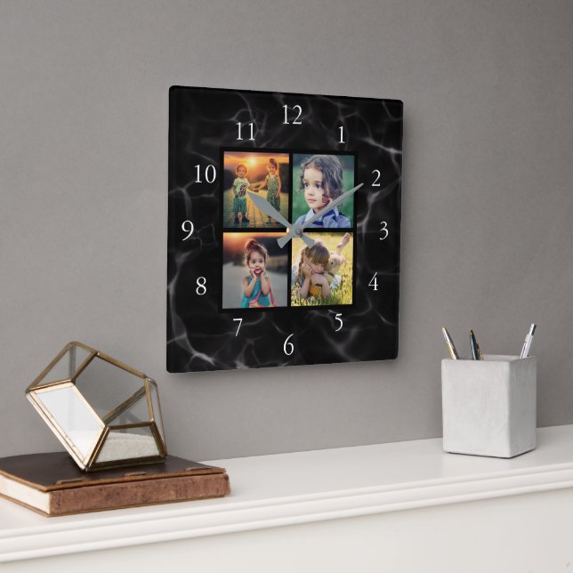 Family photo collage black marble pattern square wall clock (Office)