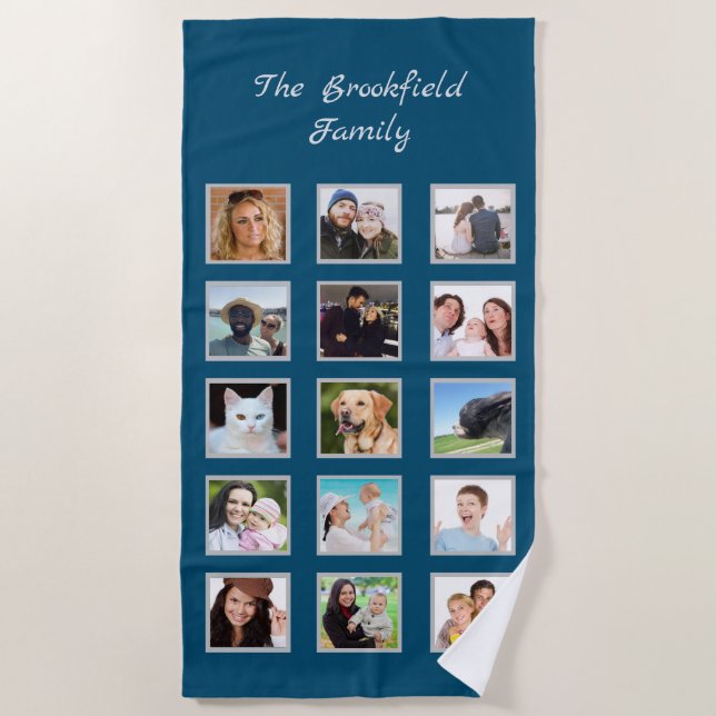 Family Photo Collage Blue  Beach Towel (Front)