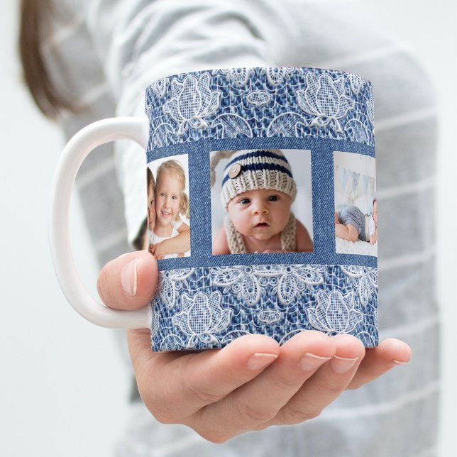 Family photo collage blue denim lace coffee mug (Creator Uploaded)