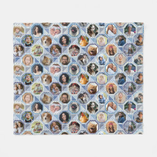 Family Photo Collage Blue Quilt Look 28 Custom Pic Fleece Blanket