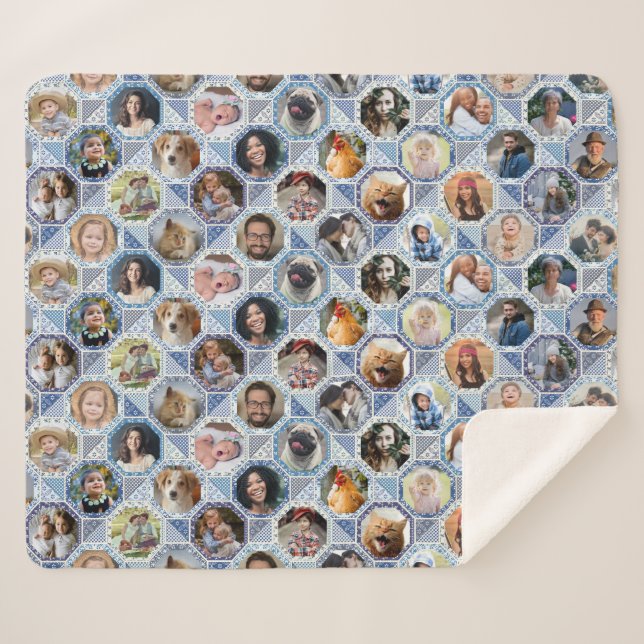 Family Photo Collage Blue Quilt Look 28 Custom Pic Sherpa Blanket (Front (Horizontal))