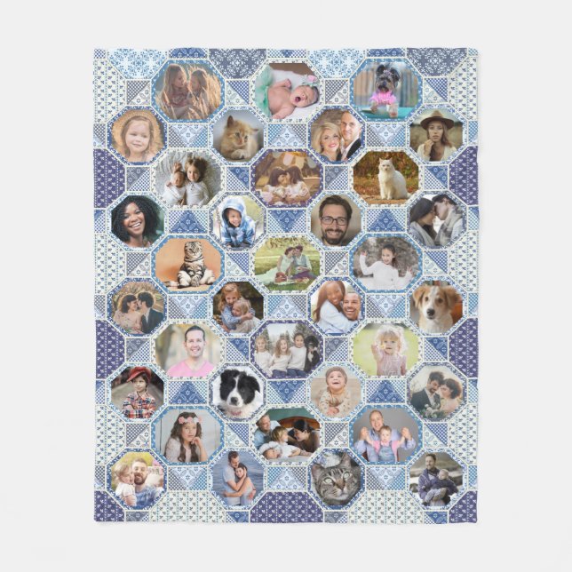 Family Photo Collage Blue Quilt Look 35 Pics Easy Fleece Blanket (Front)