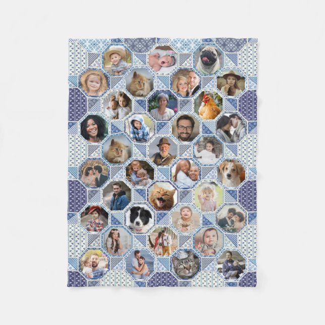 Family Photo Collage Blue Quilt Look 35 Pics Lg Sm Fleece Blanket (Front)