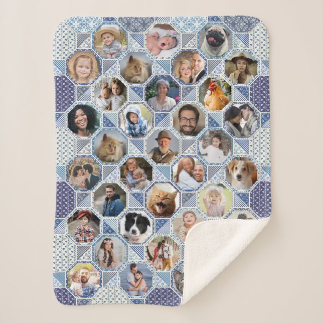 Family Photo Collage Blue Quilt Look 35 Pics Lg Sm Sherpa Blanket (Front)