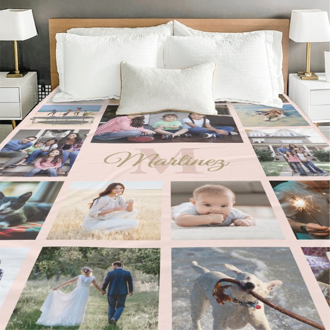 Family Photo Collage Blush Pink & Gold Monogrammed Fleece Blanket (Creator Uploaded)