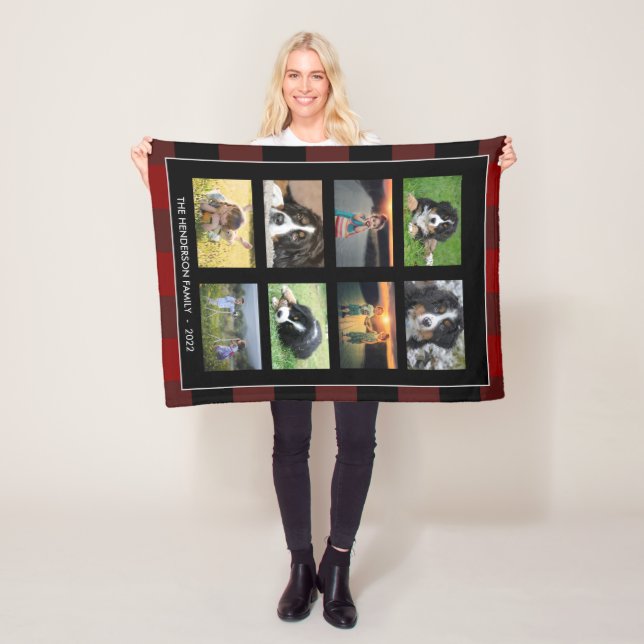 Family photo collage buffalo plaid personal  fleece blanket (In Situ)