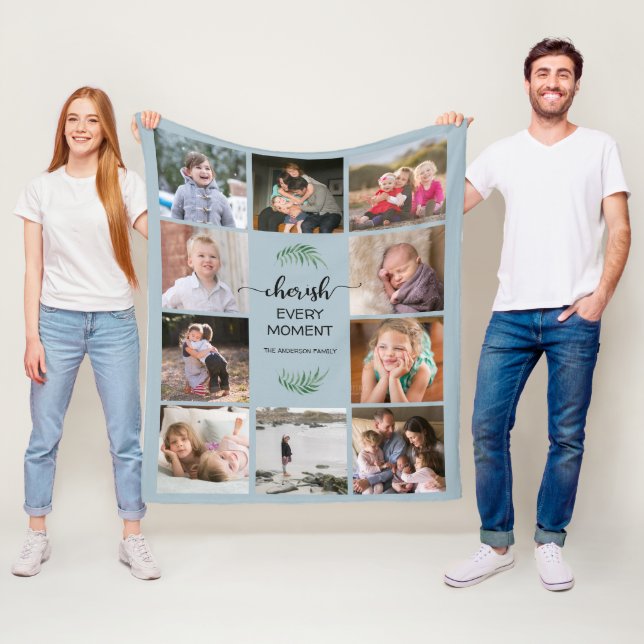 Family Photo Collage Cherish Every Moment Blue Fleece Blanket (In Situ)