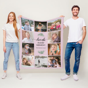 Family Photo Collage Cherish Every Moment Pink Fleece Blanket