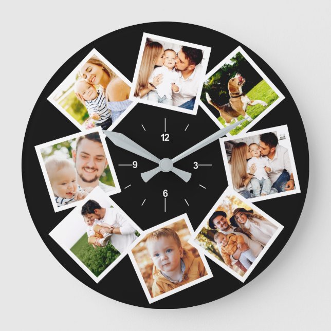 Family Photo Collage Chic Black And White Large Clock (Front)