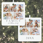 Family Photo Collage Christmas Metal Tree Decoration<br><div class="desc">This simple and elegant boho-inspired square Christmas ornament is a beautiful way to celebrate family during the holidays. The design features a collage layout with space for five photos on both the front and back, making it a double-sided keepsake full of memories. "Family" is displayed underneath the collage in a...</div>