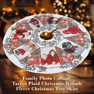 Family Photo Collage Christmas Wreath White + Red Fleece Tree Skirt