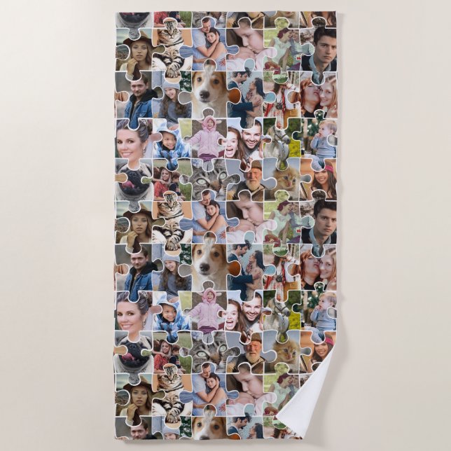 Family Photo Collage Custom 24 Pic Puzzle Shape Beach Towel (Front)