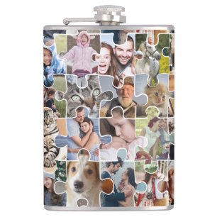 Family Photo Collage Custom 24 Pic Puzzle Shape Hip Flask