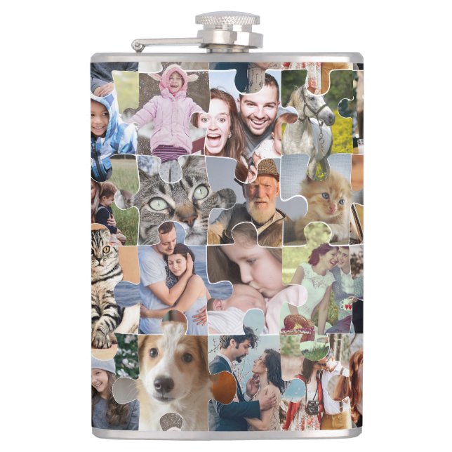 Family Photo Collage Custom 24 Pic Puzzle Shape Hip Flask (Front)