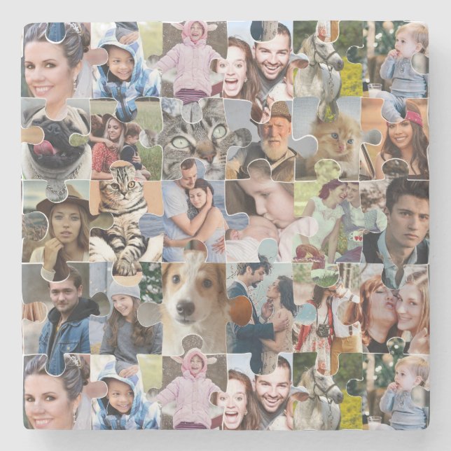 Family Photo Collage Custom 24 Pic Puzzle Shape Stone Coaster (Front)
