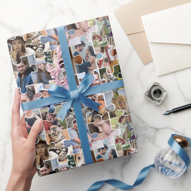 Family Photo Collage Custom 24 Pic Puzzle Shape Wrapping Paper (Gifting)