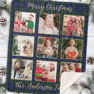 Family Photo Collage Custom Modern Holiday Plaid Sherpa Blanket