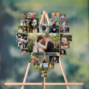 Family Photo Collage Custom Name in Heart 25 Pics Acrylic Sign