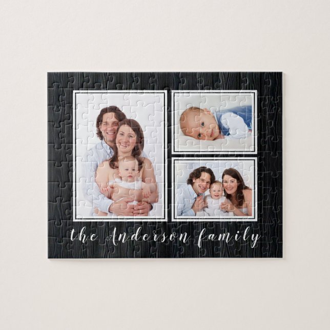 Family Photo Collage Custom Name Modern Jigsaw Puzzle (Horizontal)