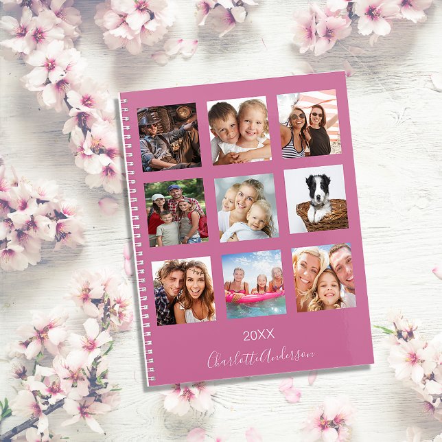 Family photo collage dark pink name script 2023 planner (Creator Uploaded)